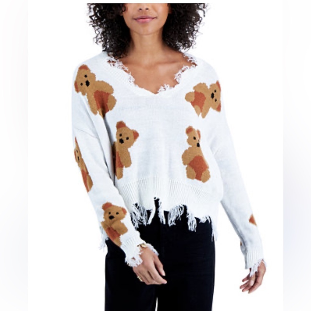 Just Polly Frayed Teddy Bear Cozy V neck Sweater sz S